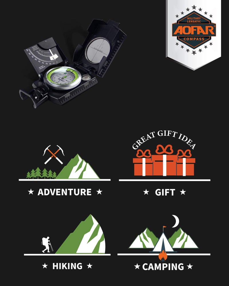 AOFAR Military Compass AF-4074 Black or Hiking,Lensatic Sighting Waterproof,Durable,Inclinometer for Camping,Boy Scount,Geology Activities Boating - Image 5